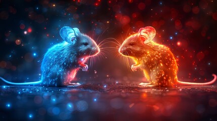   Two mice seated side by side on a floor against a red and blue backdrop - obrazy, fototapety, plakaty