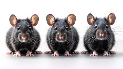  Three mice seated together on a white surface against a white backdrop