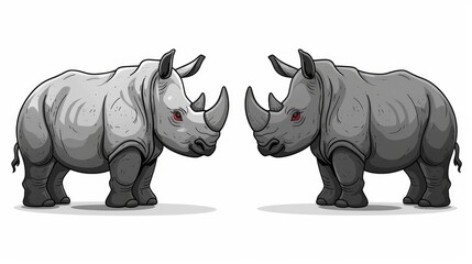   Two rhinoceroses face opposite directions while standing side by side