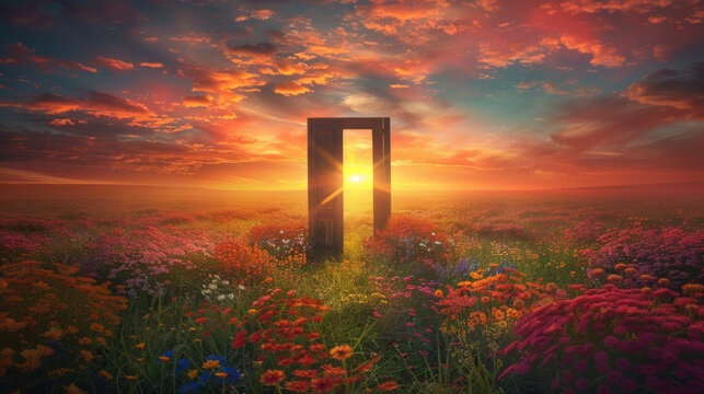 Open door stands amidst a beautiful field of vibrant flowers, beckoning with the promise of adventure and tranquility.