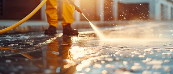 Professional Cleaning Services: Worker Utilizing High-Pressure Washer for Driveway Cleaning. Concept Cleaning Equipment, High-Pressure Washer, Driveway Cleaning, Professional Services, Worker Safety - obrazy, fototapety, plakaty