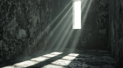 Prison cell serves as a somber background, characterized by its stark walls and iron bars. - obrazy, fototapety, plakaty