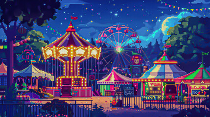 A pixelated carnival with rides and games