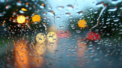   Raindrops on windshield, traffic lights glimpsed within - obrazy, fototapety, plakaty