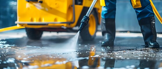 Worker using highpressure washer to clean driveway emphasizing professional cleaning services. Concept High-pressure washer, Professional cleaning, Driveway cleaning, Cleaning services, Power washing