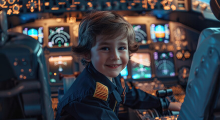 a happy kid pilot in the cockpit, smiling at the camera, wearing an Airbus uniform with brown and blue colored details, inside the cabin of an airplane