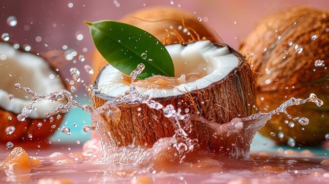   A tight shot of a coconut with water spraying out and a verdant leaf emerging from it