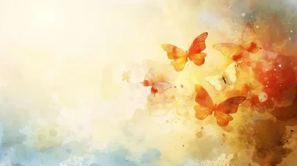 Papier Peint photo autocollant Papillons en grunge   A collection of orange butterflies in flight against a backdrop of blue, yellow, orange, and white Text/Image here