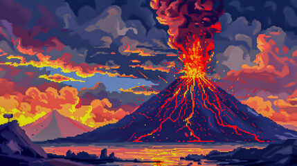 A pixelated volcano erupting with lava and smoke - obrazy, fototapety, plakaty