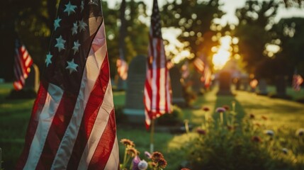 veterans cemetery with USA flags with the sun in the background - obrazy, fototapety, plakaty