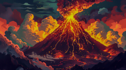A pixelated volcano erupting with lava and smoke - obrazy, fototapety, plakaty