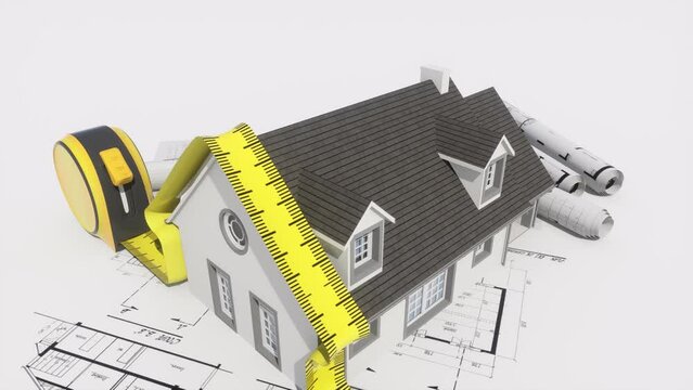 House model on top of architecture blueprints animation