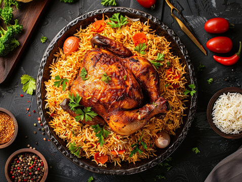Delicious Saudi cuisine chicken kabsa with homemade arabian rice. 