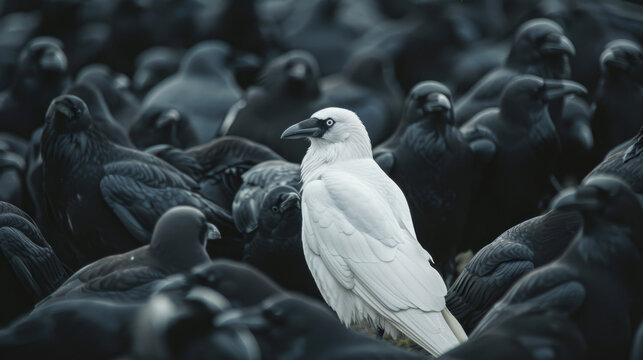 A lone white crow amidst a flock of black crows is a striking sight, symbolizing uniqueness and contrast.