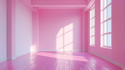 Empty pink room with window and wooden floor for background and design.