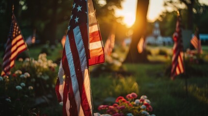Veterans cemetery with USA flags with the sun in the background in high resolution and high quality. concept cemetery, death - obrazy, fototapety, plakaty
