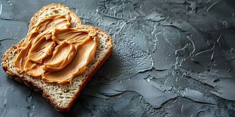 Brioche slice with peanut butter on gray background generated by AI. Concept Food Photography, Brioche Slice, Peanut Butter, Gray Background, AI-generated