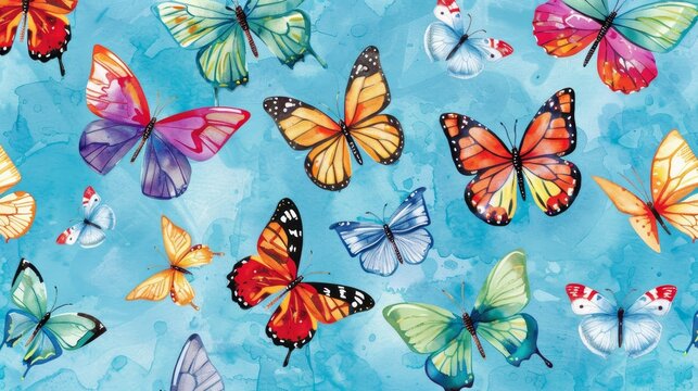   A painting of various colored butterflies against a blue watercolor backdrop with a blue sky in the background