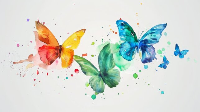   Three vibrant butterflies fly against a pristine white backdrop, their wings adorned with scattered paint splatters