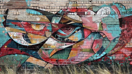 abstracted outdoor mural art on brick