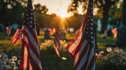 veterans cemetery with USA flags with the sun in the background in high resolution and quality - obrazy, fototapety, plakaty