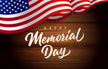Happy Memorial Day lettering with 3d USA flag on wooden planks. Vector illustration