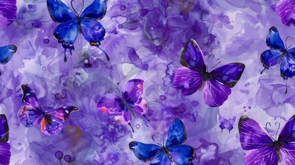   A painting of numerous purple butterflies against a purple backdrop, with bubble-like formations of water at the image's base