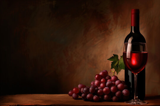 red wine and grapes on a dark background. Background image. Created with Generative AI technology.