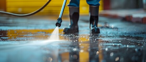 Professional Cleaning Service Workers Utilizing Pressure Washer for Thorough Driveway Cleaning. Concept Home Maintenance, Pressure Washing, Professional Cleaning, Driveway Cleaning - obrazy, fototapety, plakaty