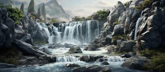 Scenic view of a majestic waterfall cascading down the mountains, surrounded by rugged rocks and crystal clear water
