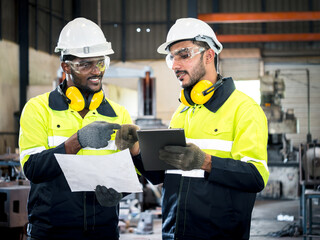 Two factory engineers wearing hard helmets, uniforms, and safety glasses are consulting and...