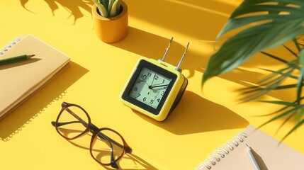  a sleek digital alarm clock paired with an array of carefully chosen stationery on a muted mustard surface. - obrazy, fototapety, plakaty
