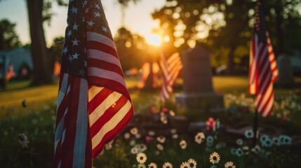 Veterans cemetery with USA flags with the sun in the background in high resolution and high quality. concept cemetery, death, veterans, patriotism