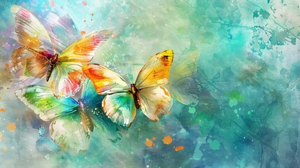   Three butterflies fly above a landscape painted in blues, greens, yellows, and oranges