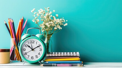 a stylish alarm clock among neatly arranged school supplies on a calming aqua background.