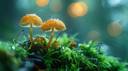 Macro surrealist wildlife  ant s view of towering mushroom forest with dew drops in high res - obrazy, fototapety, plakaty
