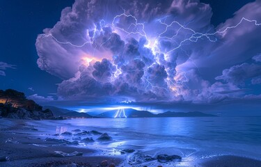 Fototapeta premium Nighttime Lightning Storm Illuminating Peaceful Seascape and Distant City