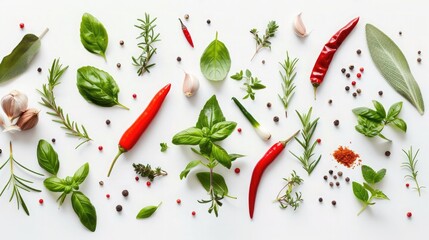 A tranquil scene of fragrant herbs and spices, including aromatic basil, pungent rosemary, and fiery chili peppers - obrazy, fototapety, plakaty