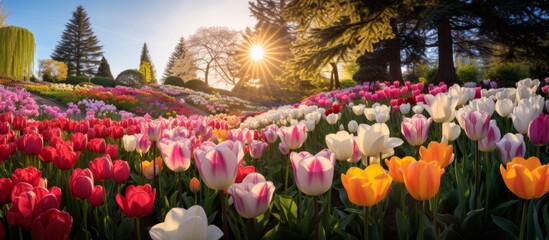 Fototapeta na wymiar Vivid tulips basking in the warm glow of the setting sun, creating a beautiful and colorful landscape
