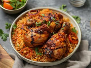 Delicious Saudi cuisine chicken kabsa with homemade arabian rice. 