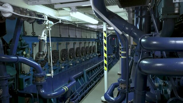 Main engines in motor room of ship. Diesels. Power plant on the ship