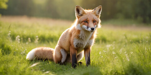 A Fox on a green meadow in the late summer sun. - 775118367