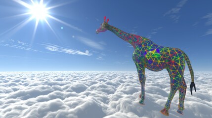   A giraffe isn't actually able to stand in the middle of clouds or have a bright sun behind it, as giraffes live on Earth and cannot fly or exist in the sky - obrazy, fototapety, plakaty