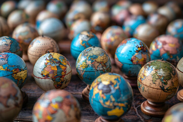 A collection of small globes of various sizes and colors. The globes are arranged in a pattern on a wooden surface. Generative AI