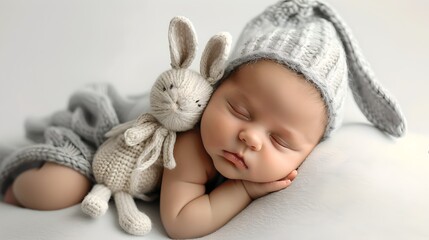 Peaceful Newborn Baby Asleep Wearing Bunny Hat, Embracing Soft Toy. Ideal for Parenting Magazines, Maternity Ads. Calm and Serenity Concept. AI