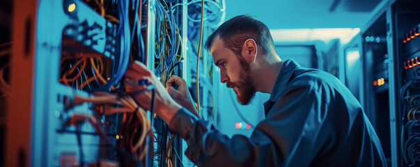 Fototapeta na wymiar Concentrated man arranging server cables in data center, concept of IT infrastructure and network management. Serious male technician attentively configuring network cables in a server rack