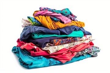 Colorful pile of mixed clothing isolated on white