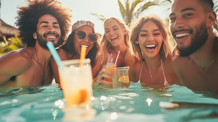 Group of friends having fun together in swimming pool during travel vacation - Young multiracial people with cocktails during summer holiday at tropical resort - Models by AI generative