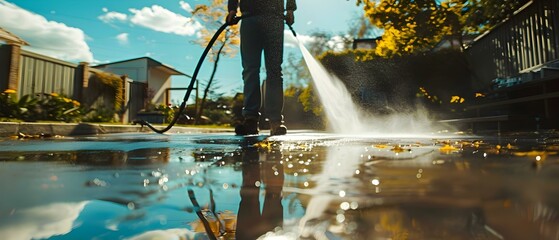 A man pressure washing a driveway on a sunny day engaging in DIY home maintenance. Concept Home Maintenance, DIY Projects, Pressure Washing, Driveway Cleaning, Sunny Day - obrazy, fototapety, plakaty