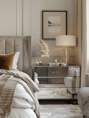 Bedroom interior design in neoclassic (art deco) style. Room with beige headboard and mirrored furniture